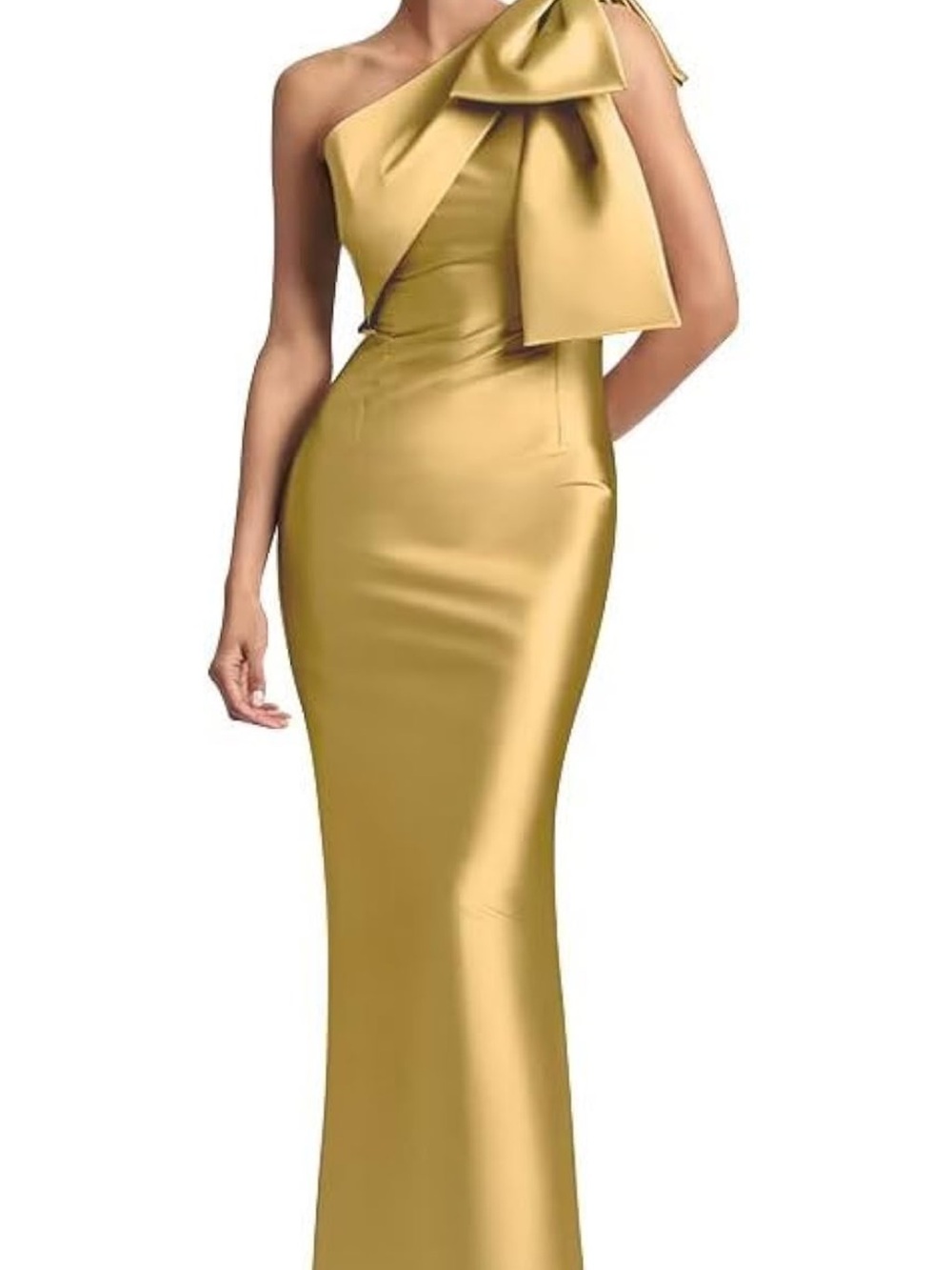 Amazon Metallic Gold One-Shoulder Satin Gown with Statement Bow
